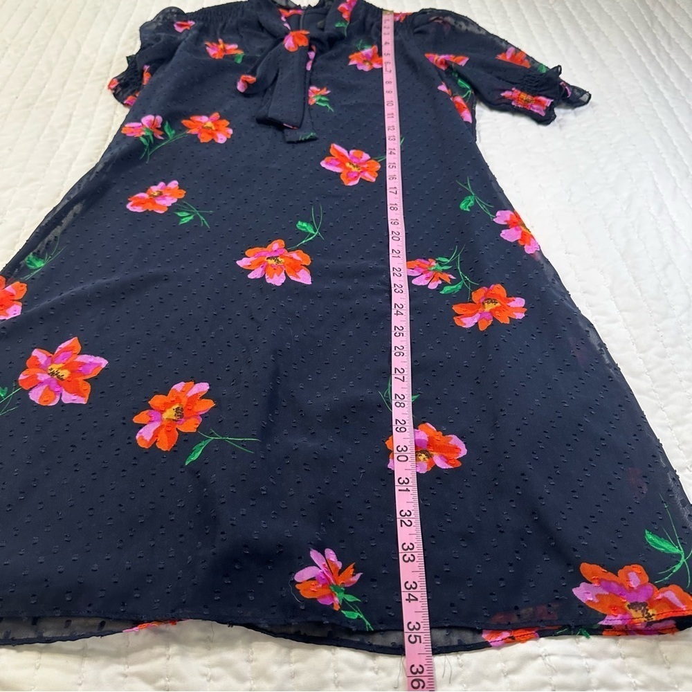 DKNY Party Floral Navy and Pink Flower Bow neck Ruffle Sheer Sleeves Mini Dress - Picture 4 of 16